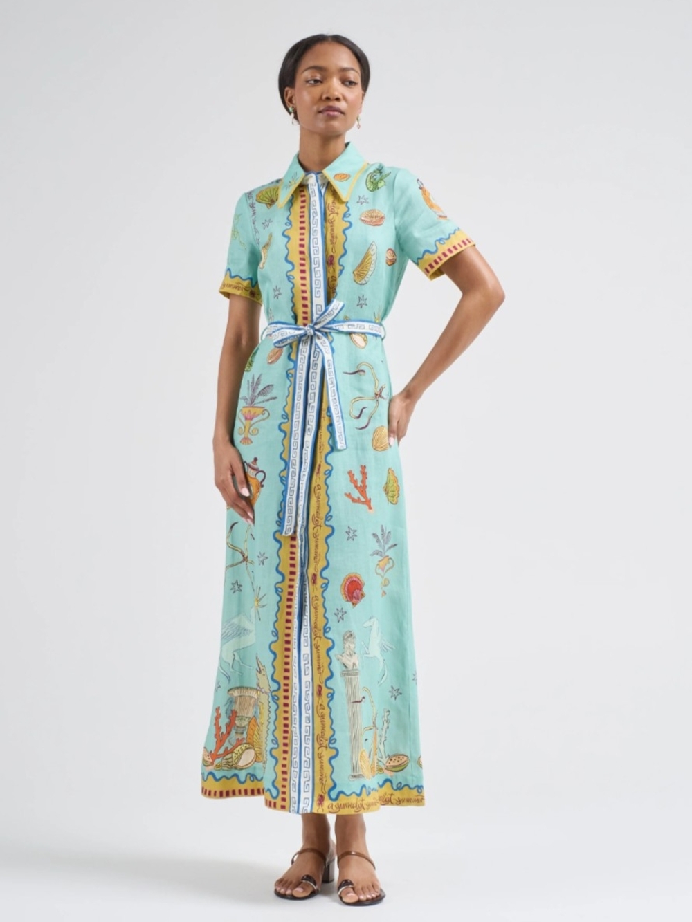 Women's Sea-Print Button-Front Maxi Shirt Dress - Light Aqua